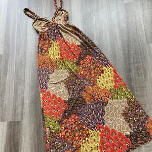 Moa Moa y2k Paisley Peacock Feather Print Babydoll Stretch Maxi Dress Boho sz S